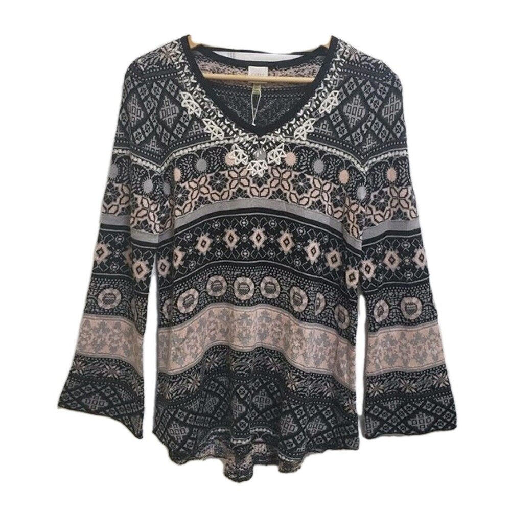 Cupio Women Mixed Print Striped Fair Isle V Neck Sweater Flare Slv Gray Size S